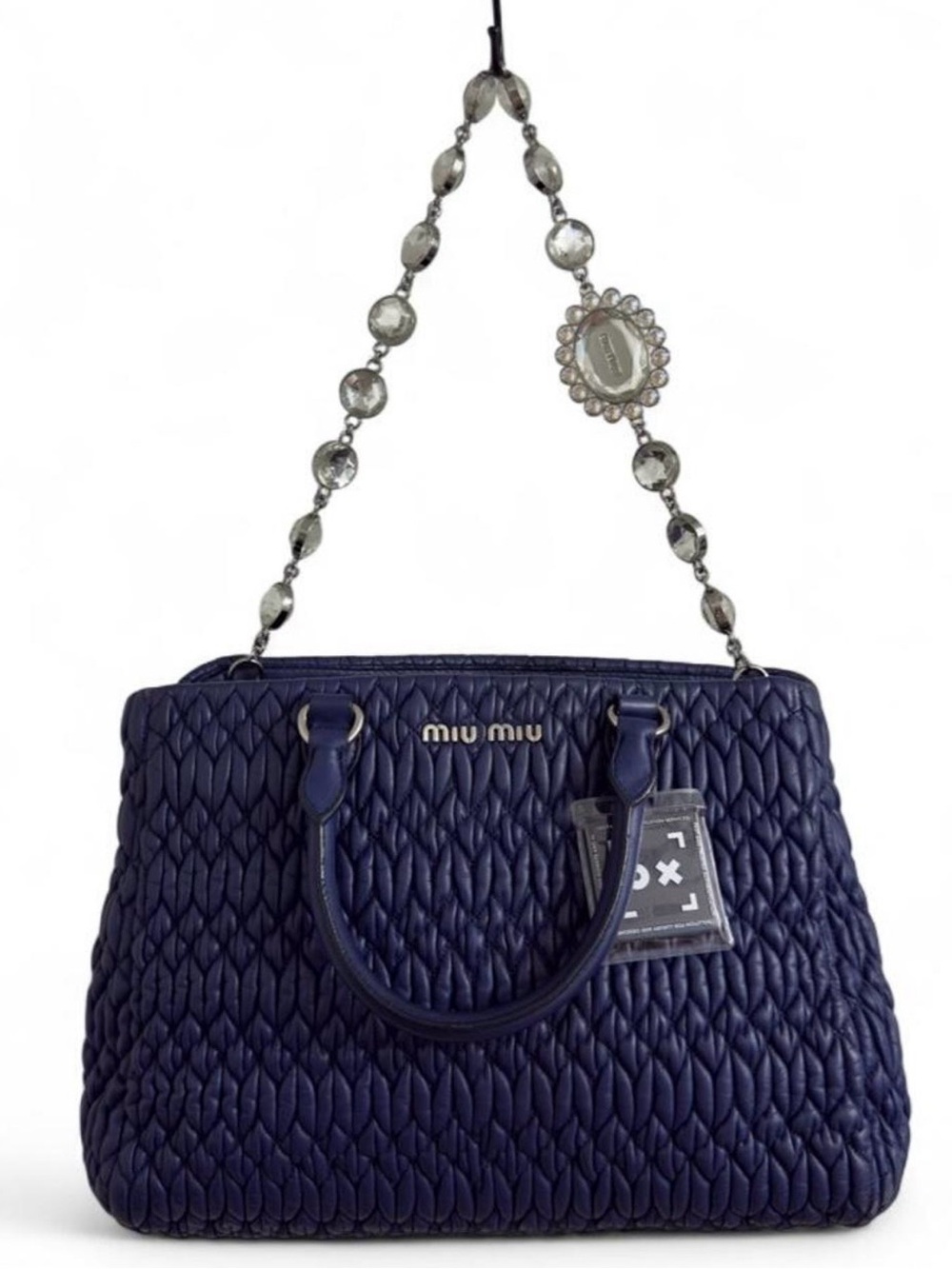 Miu Miu Navy Matelassé
Nappa Leather Bag with Crystal Chain Strap